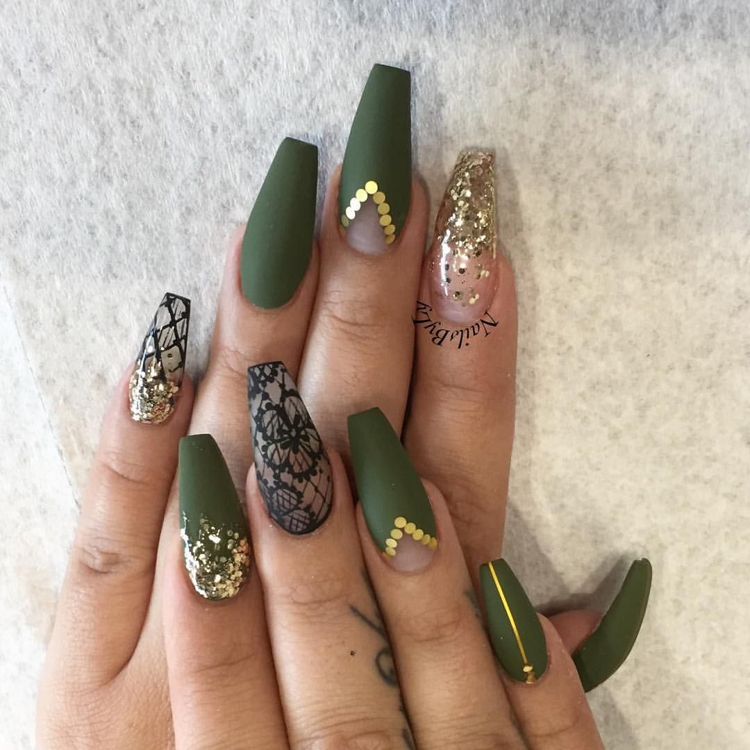 Green Khaki Gold Gems Coffin Nails With Images Nehty