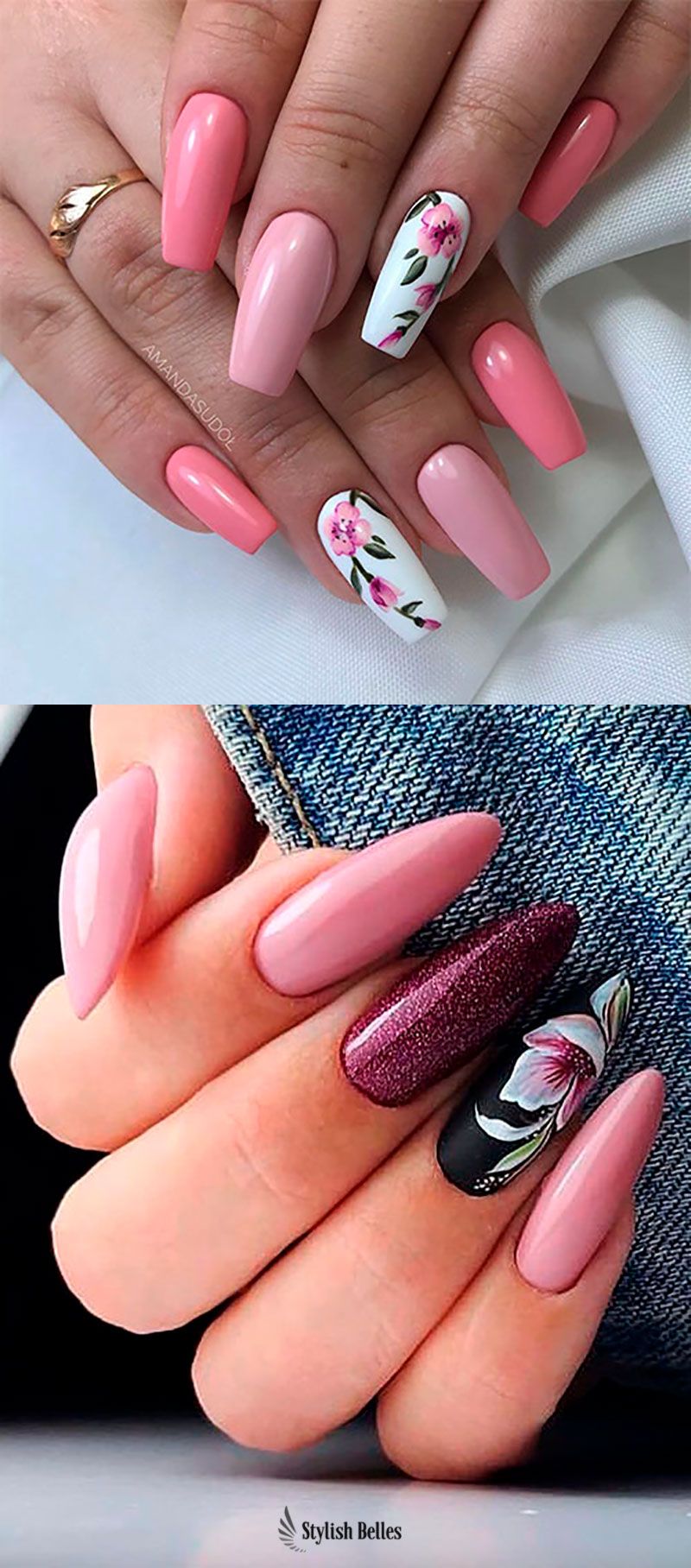 Cute Coffin And Almond Floral Nails Ideas Floral Nails Stylish Nails Flower Nails