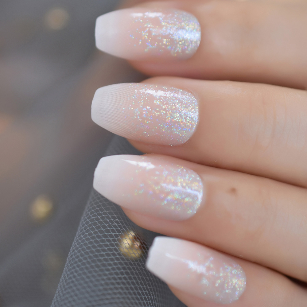 Coffin French Ombre Glitter Star Nails Gradeint Ballet Nude Silver Powder Fake Nails Classic Acrylic Gel Pre Designed False Nail False Nails Aliexpress