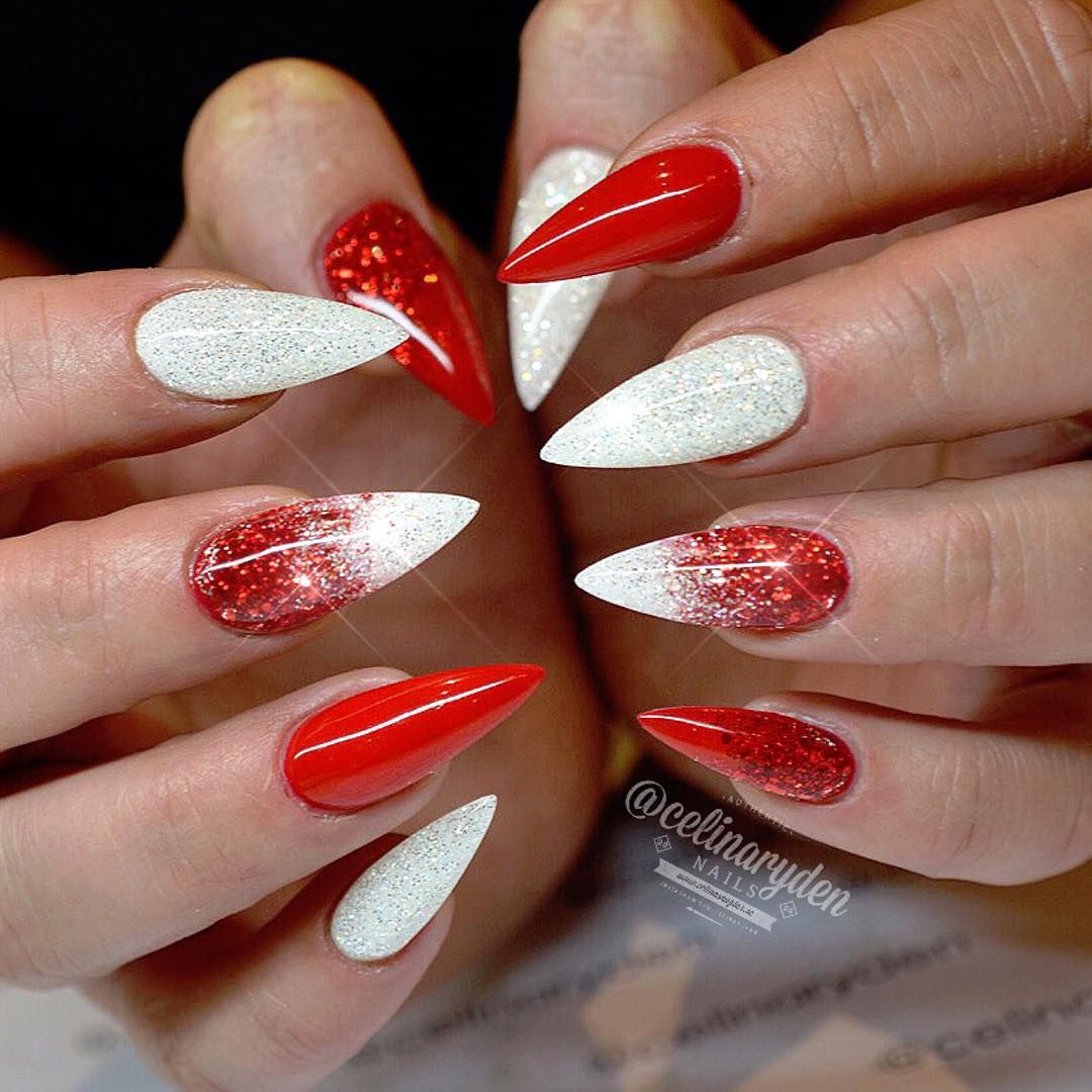 Red And White Ombre Christmas Inspired Stiletto Nails Cervene Nehty Gelove Nehty Design Nehtu