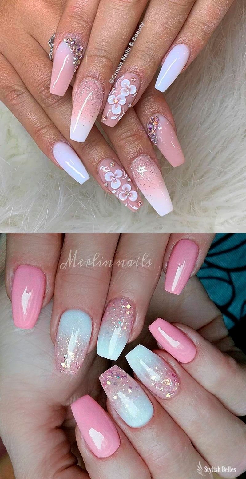 Gorgeous Pink And White Ombre Nails With Glitter Ideas Coffinnails Pinkandwhitenails Glitternails Coffin Nails Designs Ombre Nails Pink Nails