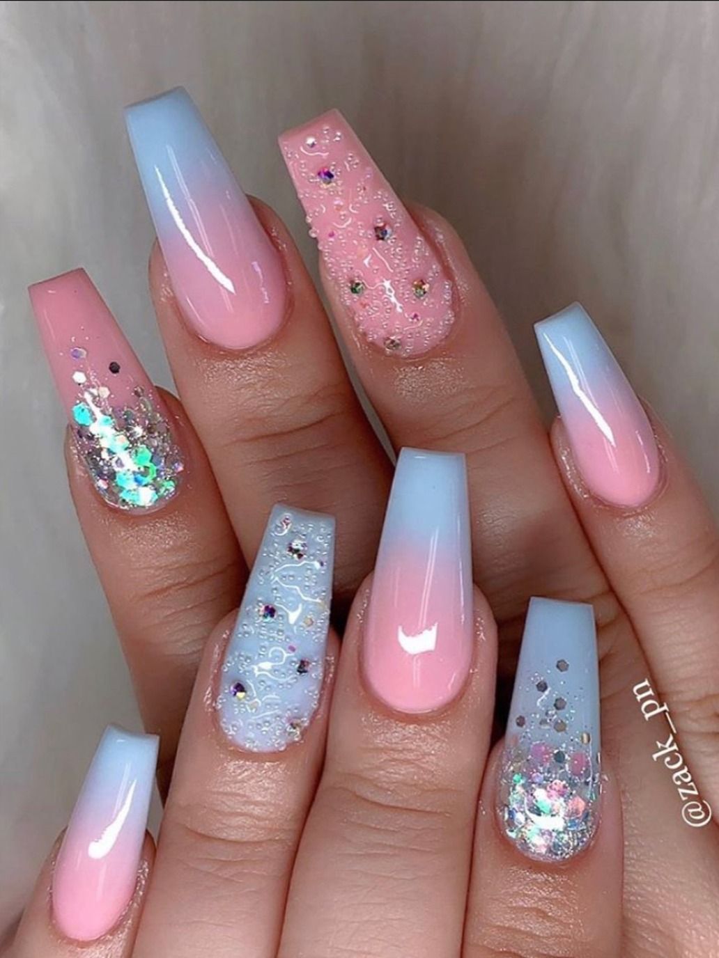Cute Gradient Nails 2020 Consist Of Pink And Blue Ombre Nails With Two Accent Nails With Glitter And Rhinestone In 2020 Coffin Nails Designs Nail Designs Stylish Nails