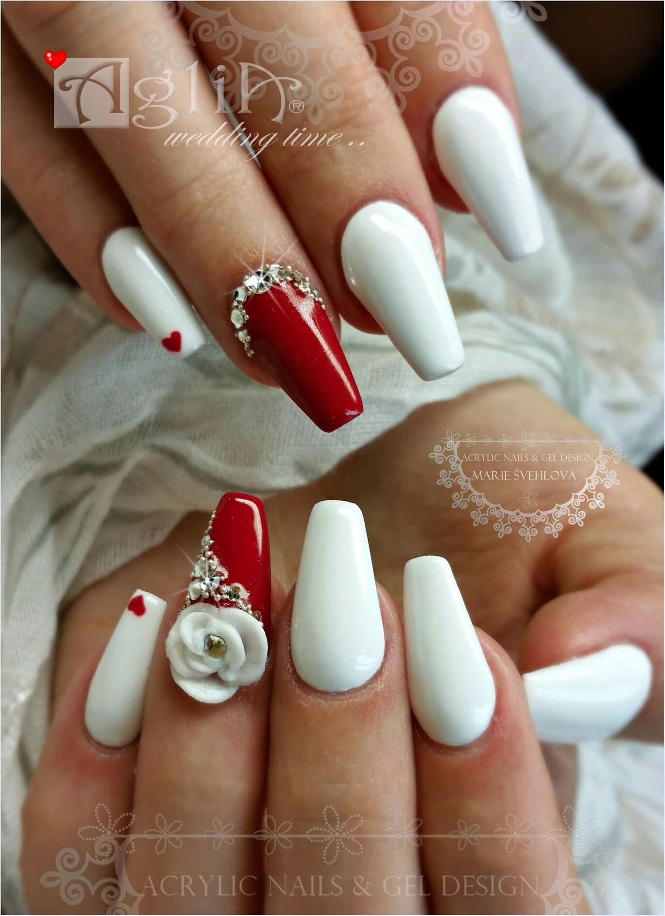 Acrylic Nails Gel Design Wedding Nails Red White Nails Nehty