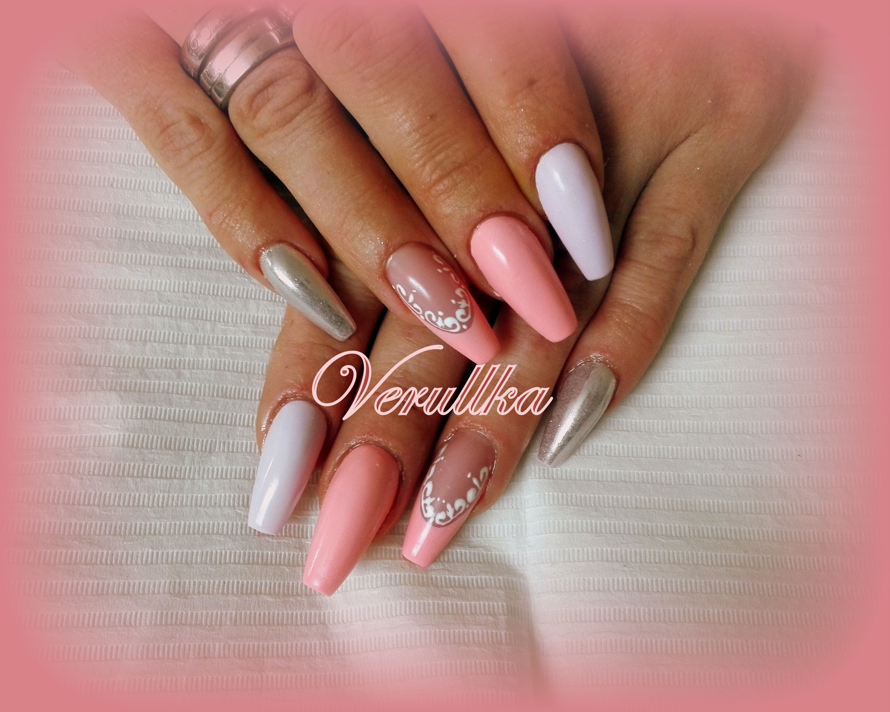 Peach Or Salmon Gel Nails With Decorated French Manicure