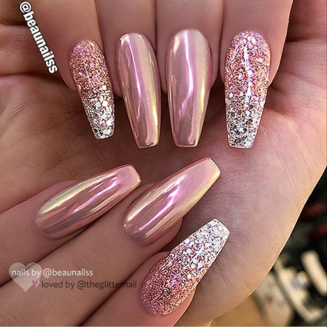 Rose Gold Pink Chrome And Glitter Silver Ombre Nail Ballerina Shape Gel Nail Art Design Vzory Na Akrylove Nehty Ombre Nehty Vanocni Nehty